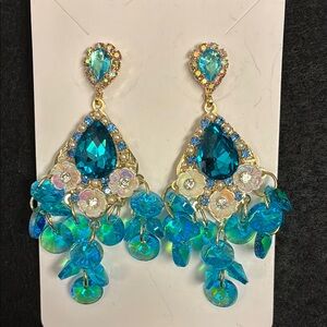 Blue Crystal and Gold Tone Chandelier Earrings